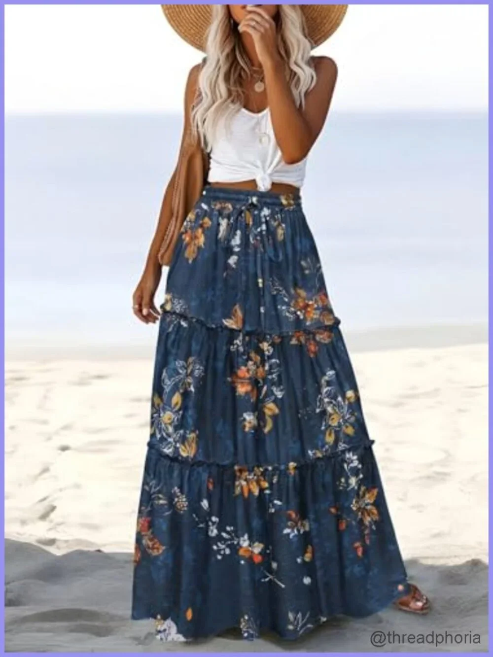 High Waist Boho Maxi Skirt with Pockets Floral Printed Long Flowy Skirt